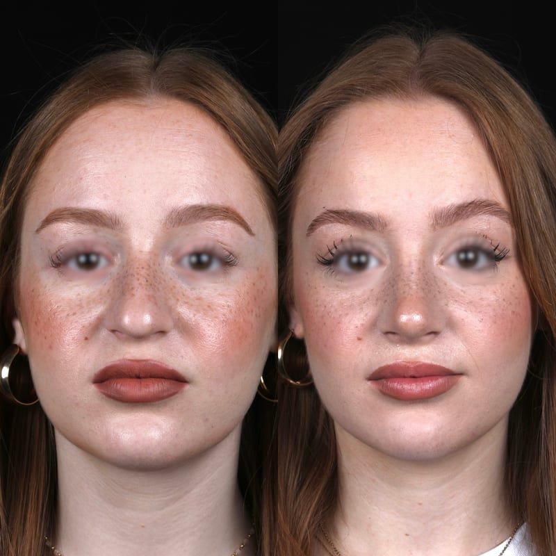 Rhinoplastie vue de face, avant/après — profil rectiligne et pointe définie